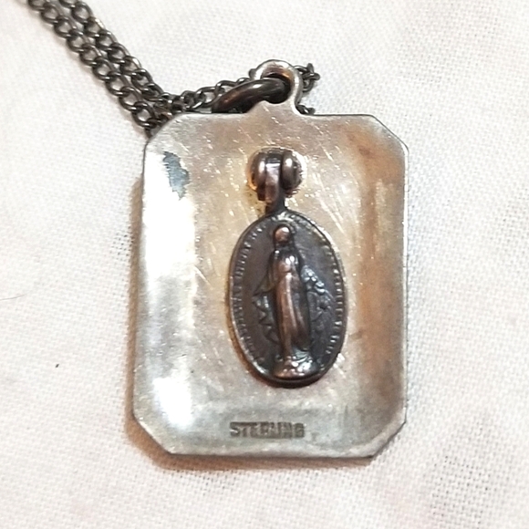 ANTQ Art Deco Hidden Mary Medal Onyx Marcasite Sterling Necklace - Picture 4 of 7